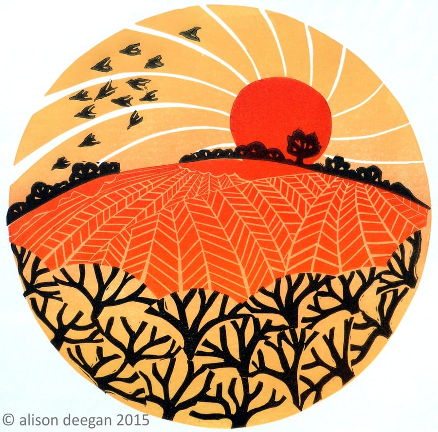 Hedge, fields and birds - LINO PRINT AUTUMN SUNSET LANDSCAPE  