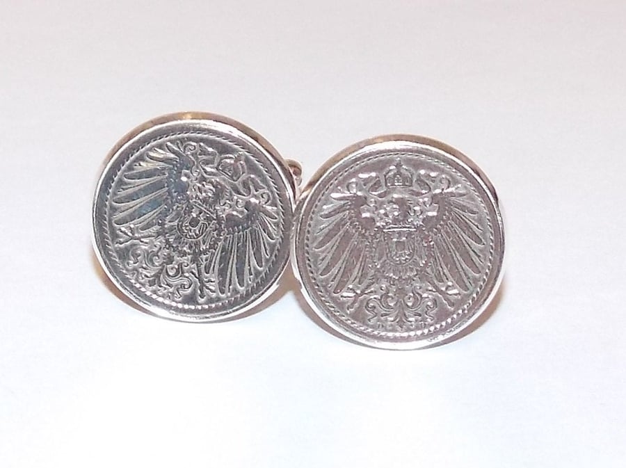 German Empire Imperial Eagle Coin Cufflinks in silver plated mounts, 5 Pfennig G