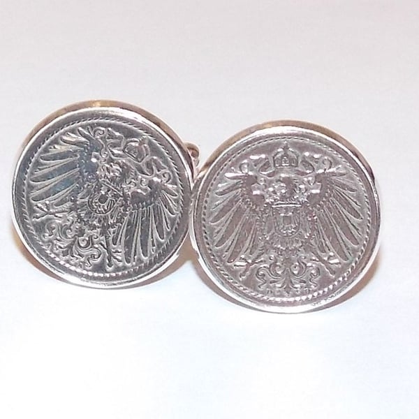 German Empire Imperial Eagle Coin Cufflinks in silver plated mounts, 5 Pfennig G