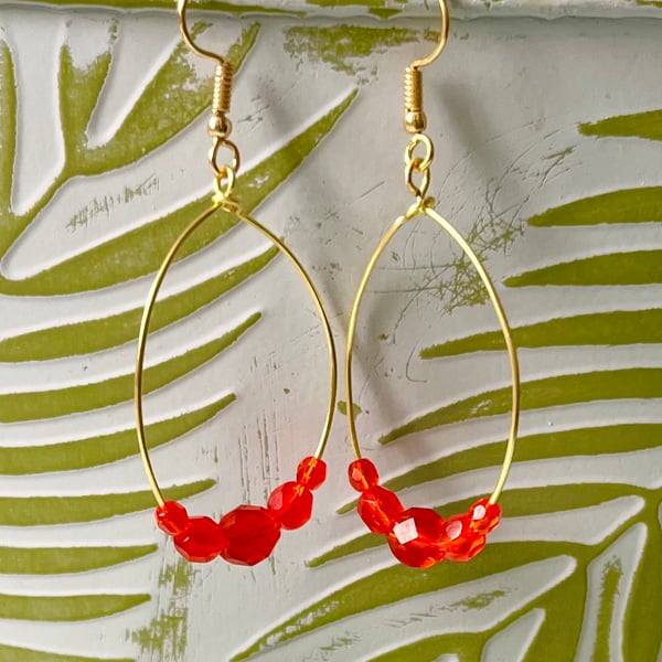 Large Oval Hoop Earrings - Orange Faceted Glass - 40mm - Gold 