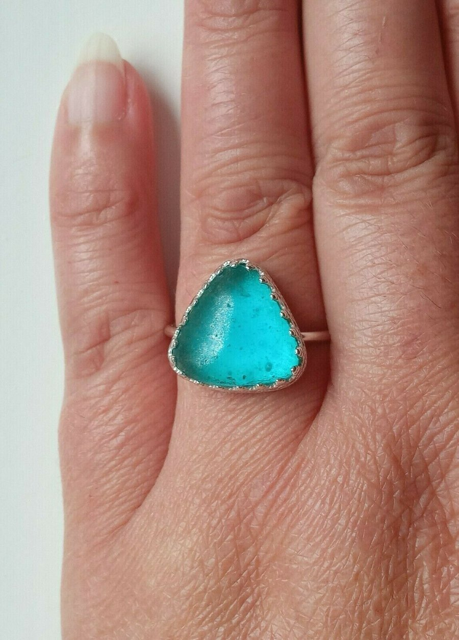 Sterling Silver Rare Turquoise Seaglass Handmade Adjustable Ring in Gift Box