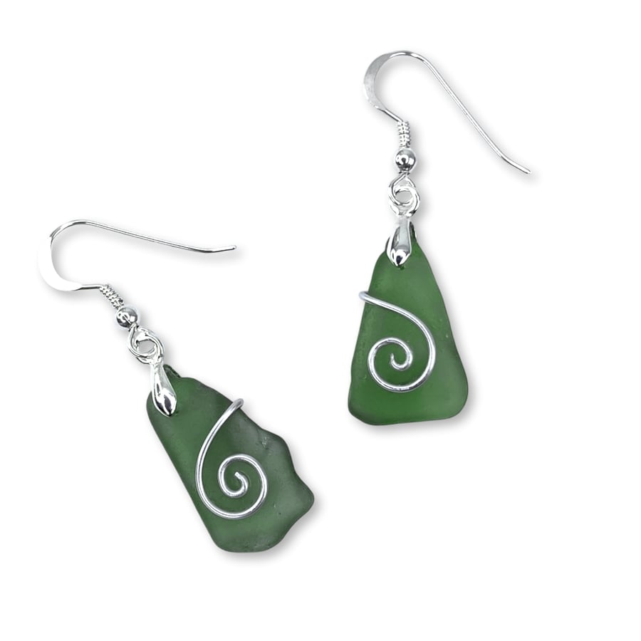 Sea Glass Earrings - Dark Green - Handmade Scottish Silver Wire Celtic Jewellery