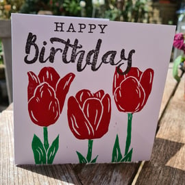Red or orange tulip birthday card handprinted