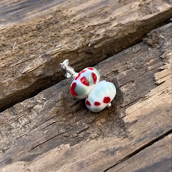 Mini lampwork pendant on sterling silver necklace. White red & grey. 