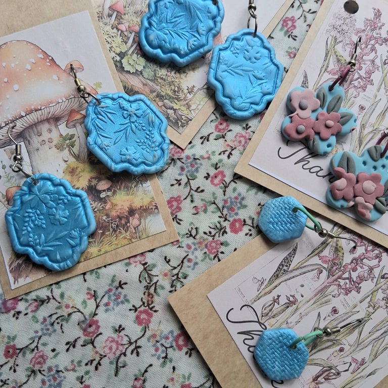 CLEARANCE! polymer clay earrings handmade- reduced-blue floral