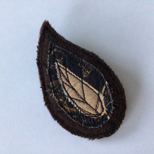 Brown Steampunk Textile Leaf Brooch