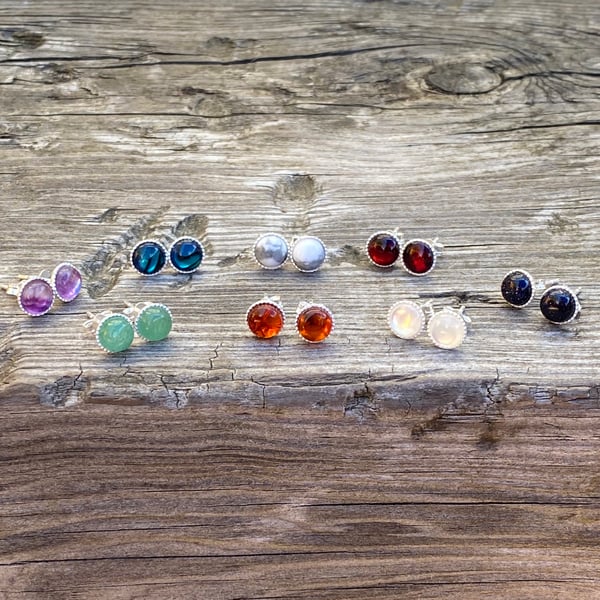 6mm Semi Precious Sterling Silver Stud Earrings. Stud Earrings