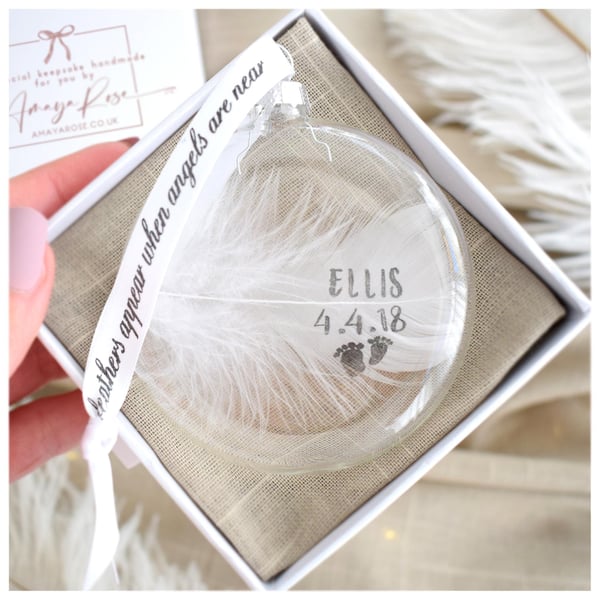 Real White Feather Memory Round Bauble. Gift Boxed Personalised Glass Hanging De
