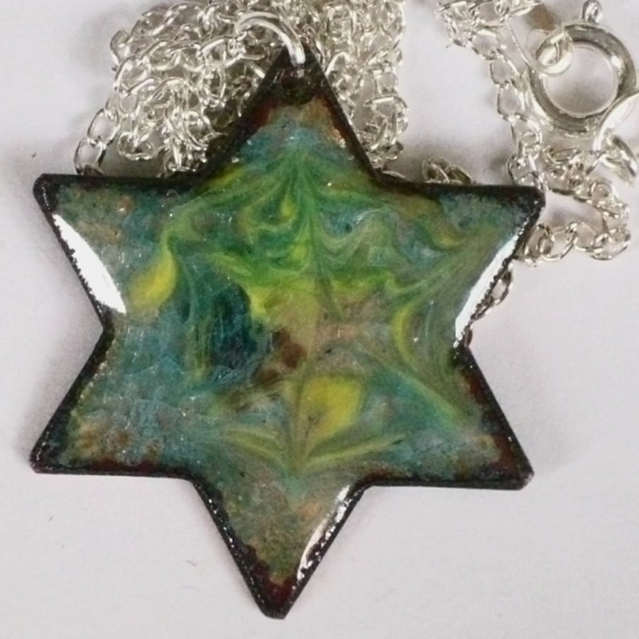 pendant - 6 pointed star scrolled gold and blue on turquoise over clear enamel