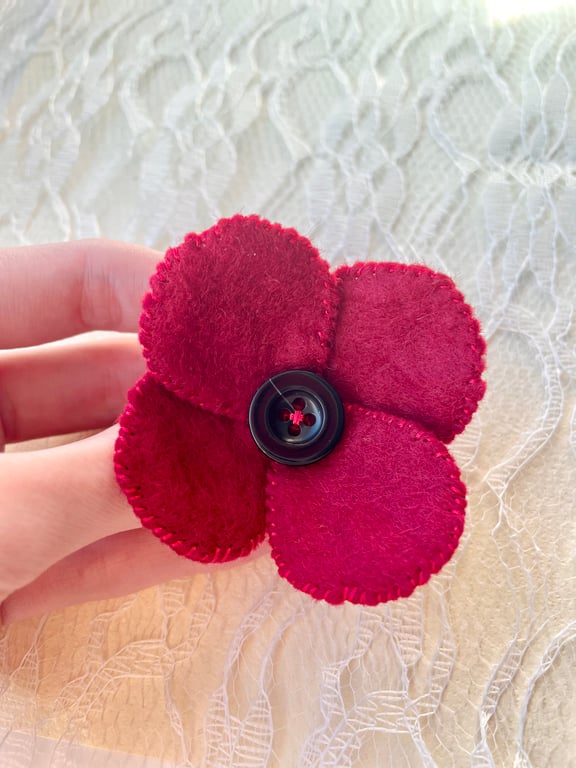 Hand sewn red felt button poppy brooch pin