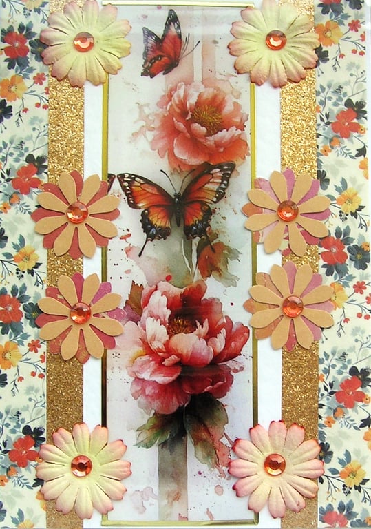 Butterfly on Apricot Flower - Hand Crafted Decoupage Greeting Card - Blank 3794