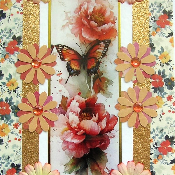 Butterfly on Apricot Flower - Hand Crafted Decoupage Greeting Card - Blank 3794