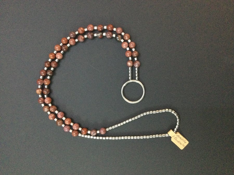 Rhodonite and Silver Plated Hematite Necklace Glasses Holder