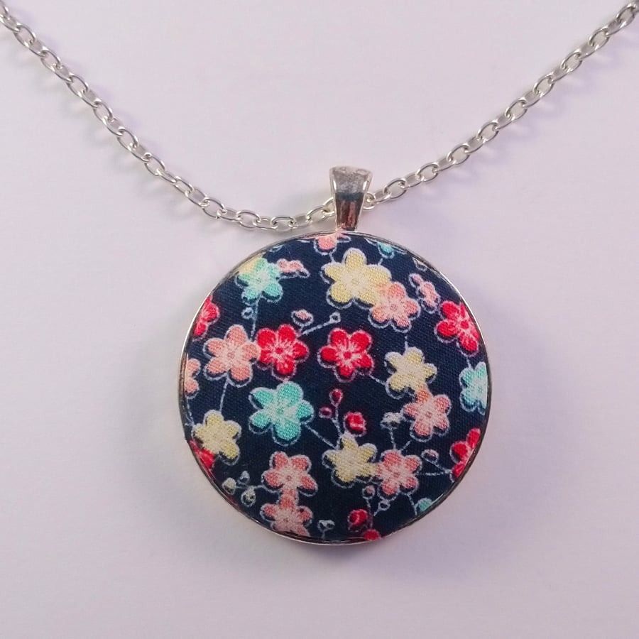 38mm Blue Floral Fabric Covered Button Pendant