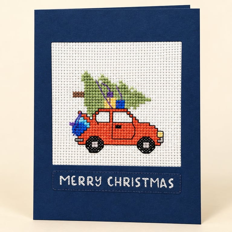 Handmade Cross Stitch Car & Christmas Tree Card – 6 x 4 Inch