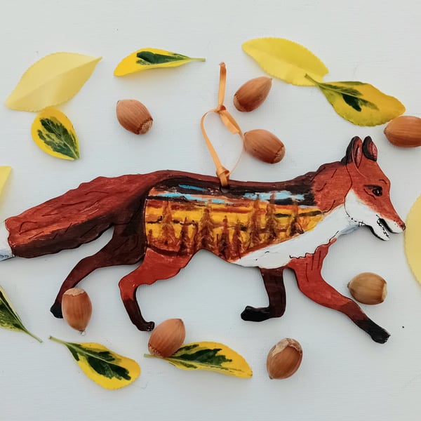 The Autumn Fox on wood with autumnal trees