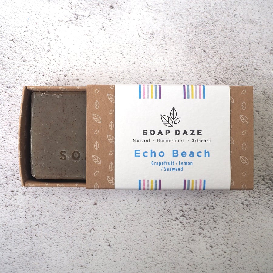 Echo Beach fresh seaweed spa soap, vegan, handmade, zero waste, bar soap. 
