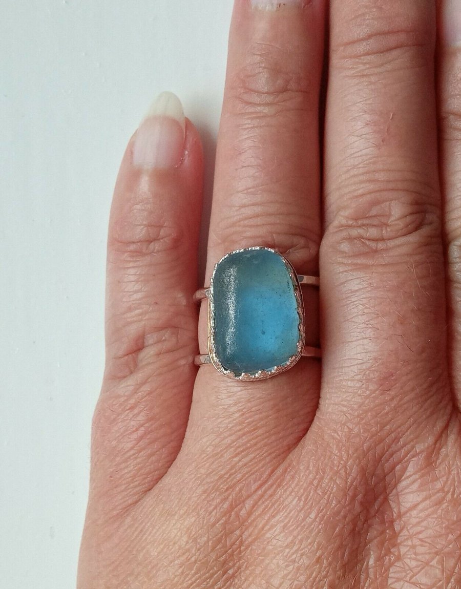 Rare Cornflower Blue Seaglass on Sterling Silver Adjustable Ring in Gift Box