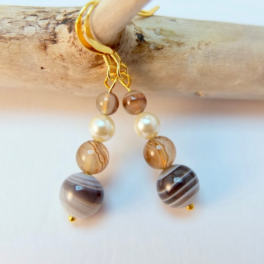 Striped Agate And Swarovski Pearl Earrings - Handmade in Devon.