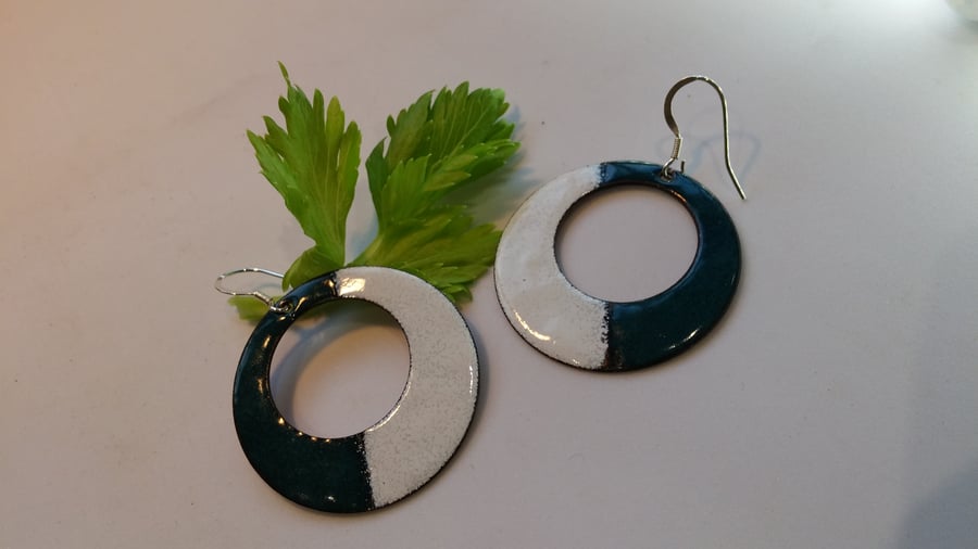 Vitreous enamel on copper in green and white with solid silver ear hooks