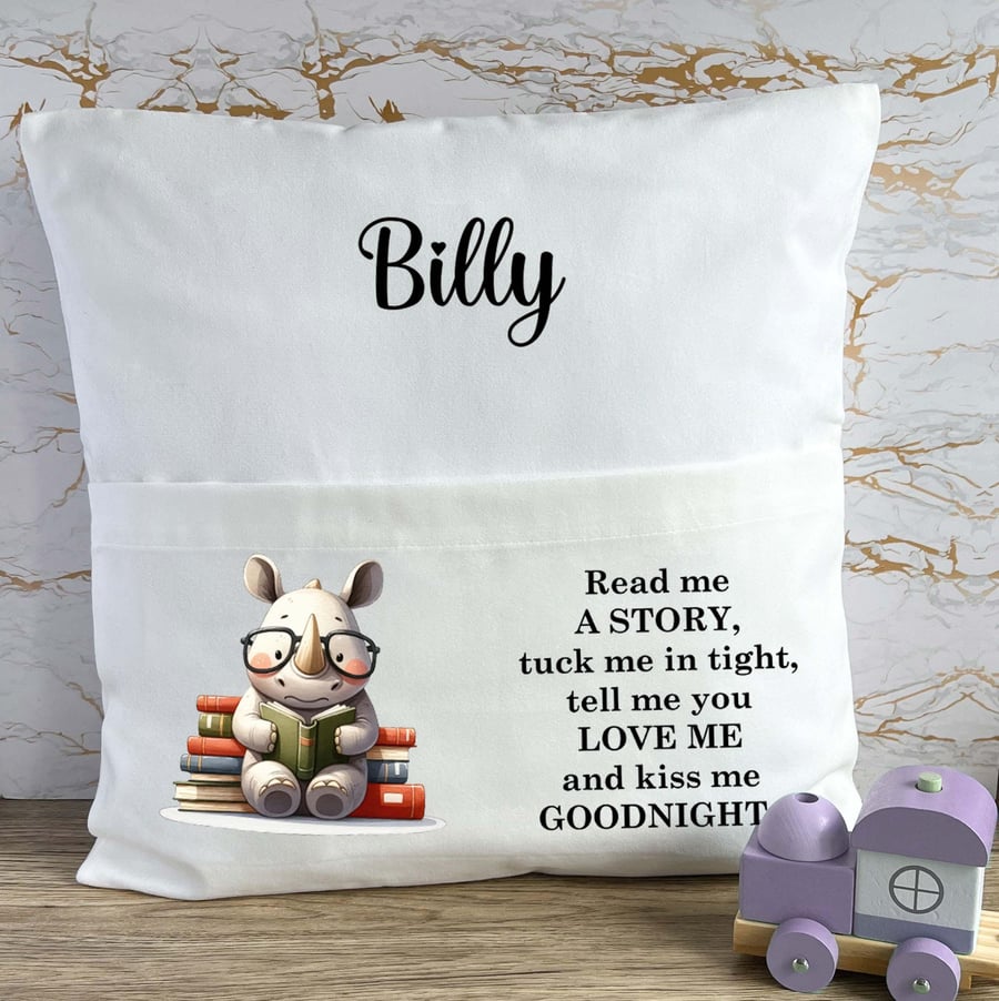 Personalised Rhino Book Pocket Cushion, Read Me A Story ReadingCushion