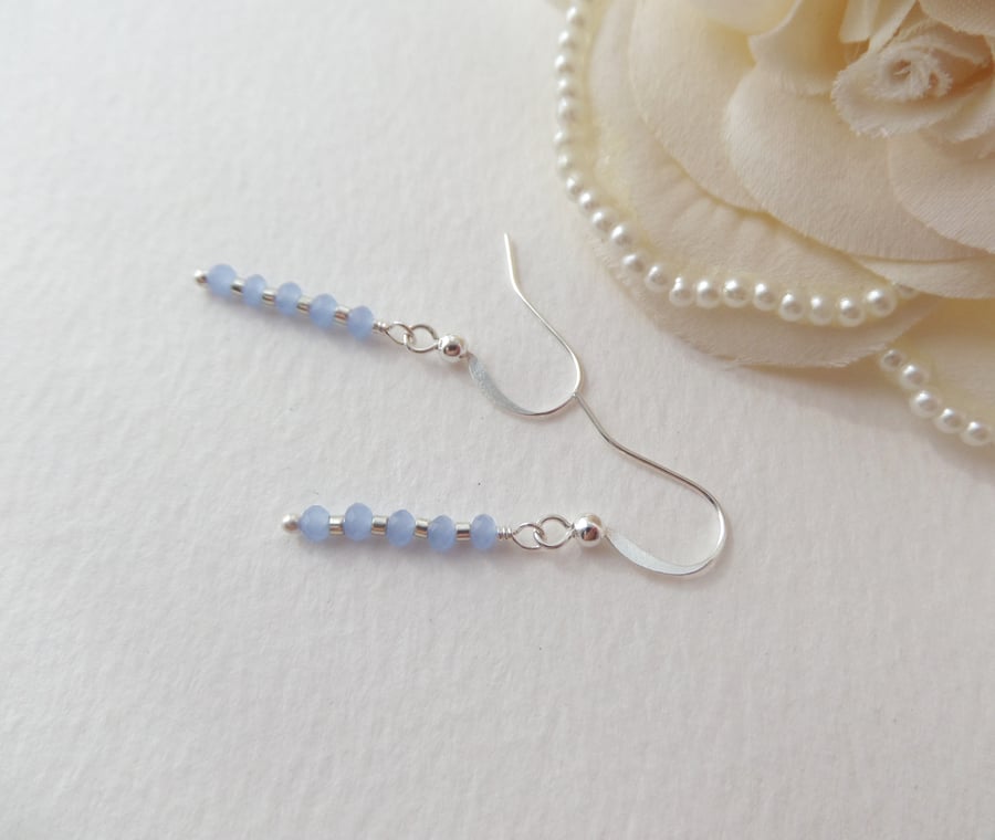 Tiny Blue Crystal Silver Earrings, Short Dangle Earrings