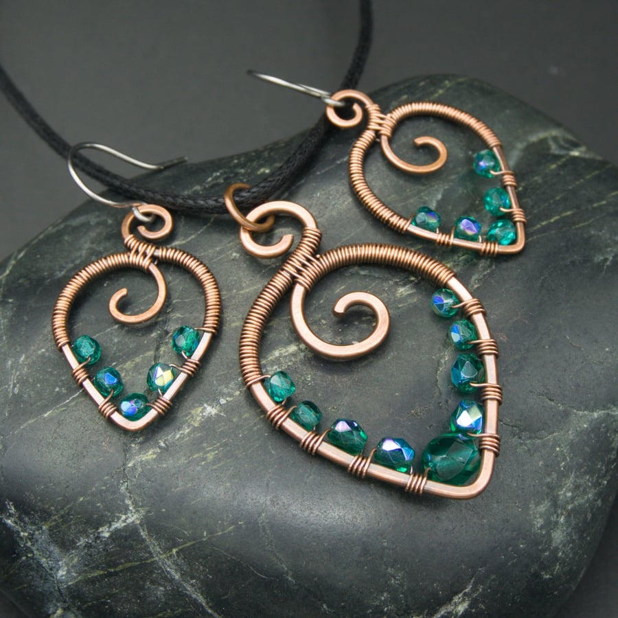 Copper Wire Wrapped Pendant & Earrings Set with Teal Glass Beads