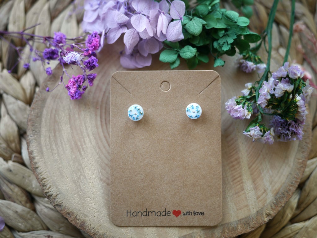 White resin, real flowers, and silver gem stud earrings with sterling silver