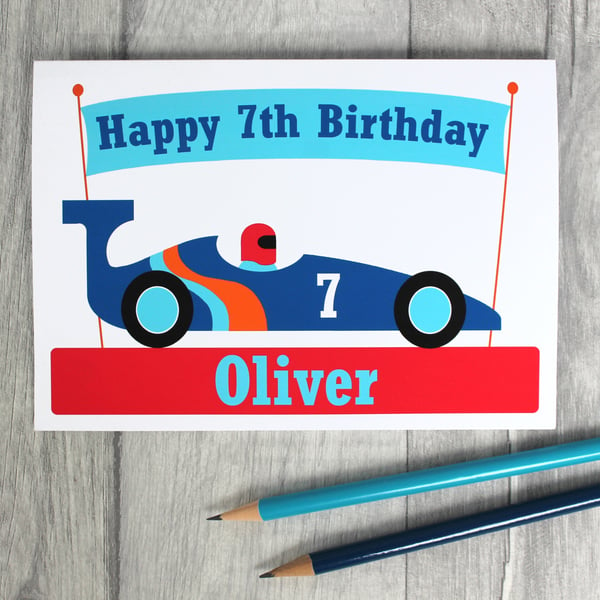 Boys Personalised Racing Car Birthday Card 3rd, 4th, 5th, 6th, 7th, 8th, 9th, 