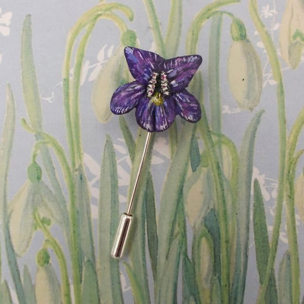 Handmade Violet Lapel Pin: Hand-Painted Violet Flower Corsage Brooch