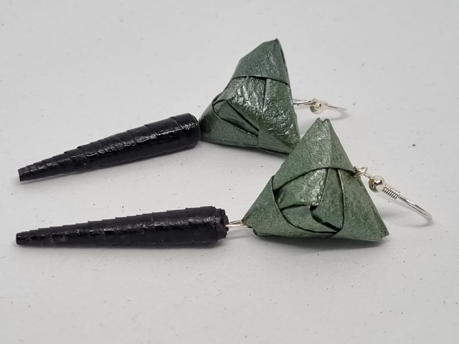 Dark green pearlescent and black paper earrings 