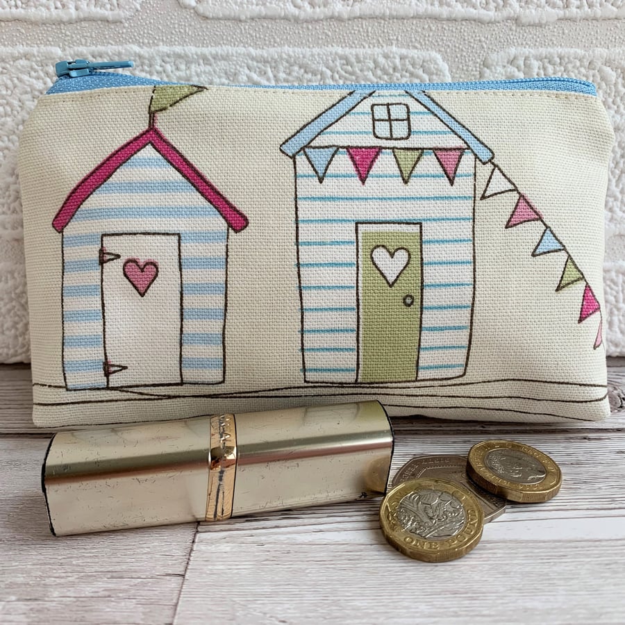 Large purse, coin purse with two blue striped beach huts and bunting