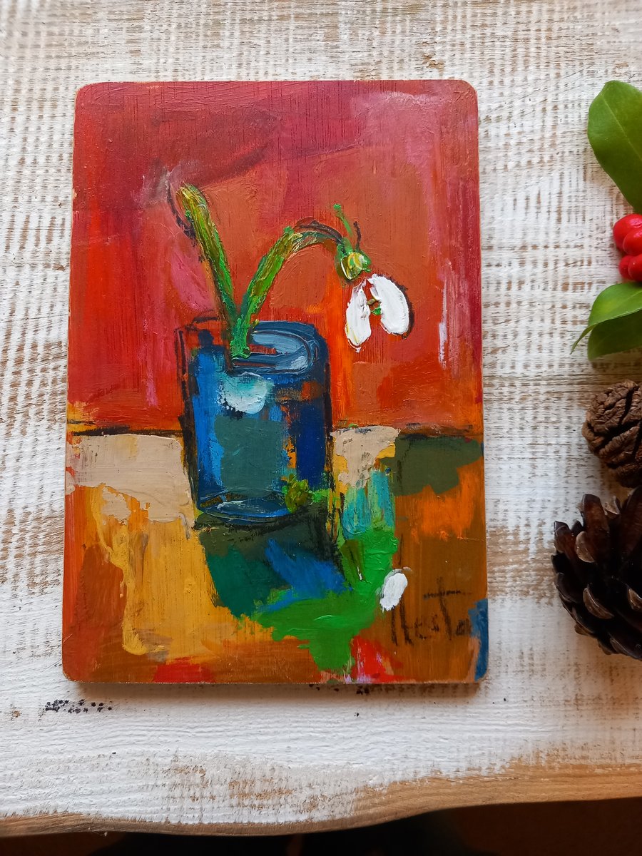Original small contemporary still life snowdrop