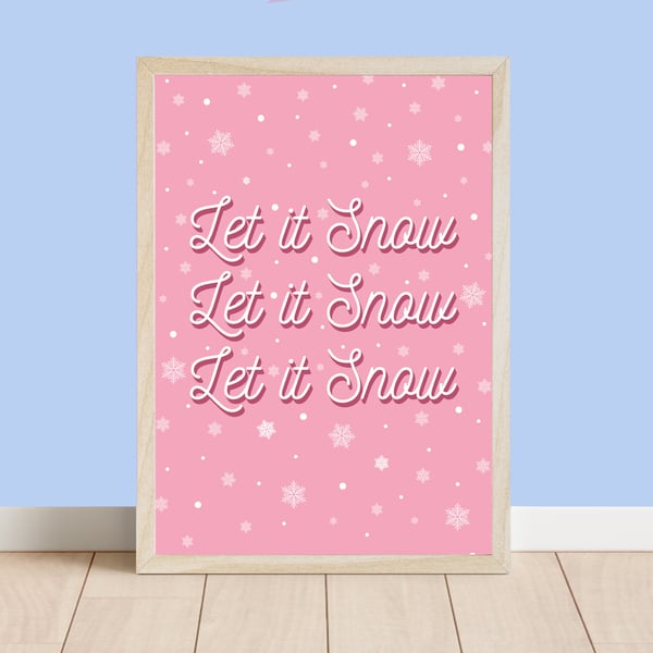 Let It Snow Pink Christmas Decor Print, Festive Art Prints