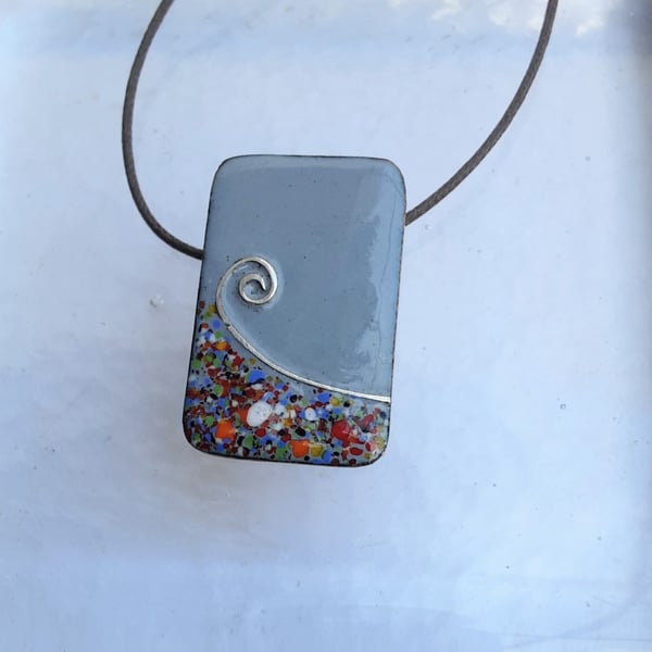 OBLONG, ENAMELLED COPPER PENDANT, DECO DESIGN WITH STERLING SILVER