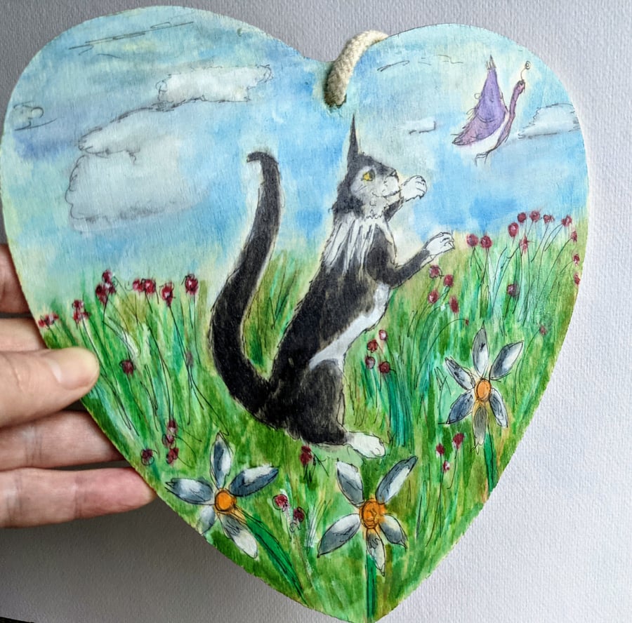 cat lovers painting, meadow, christmas gift, nature, butterfly, hanging plaque