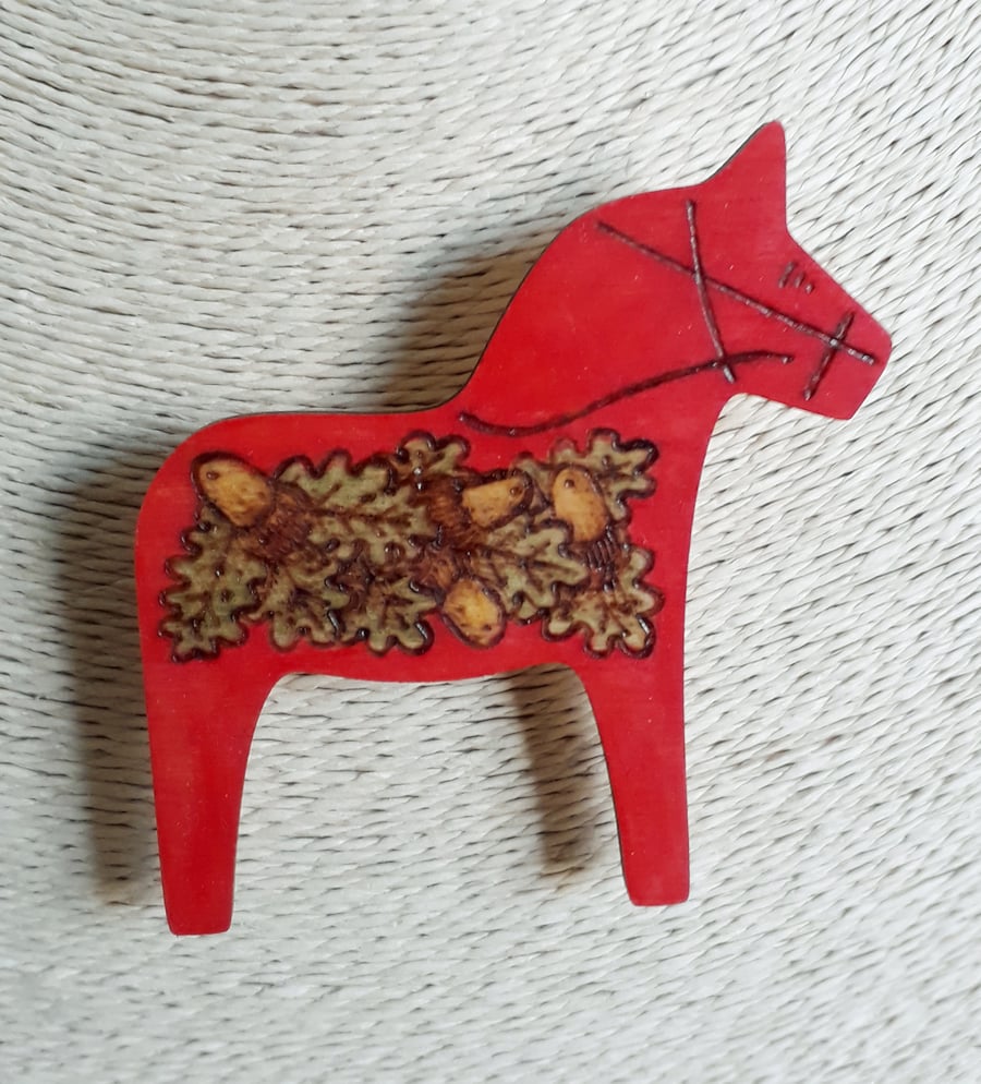 Pyrography oak leaf & acorn Dala horse brooch