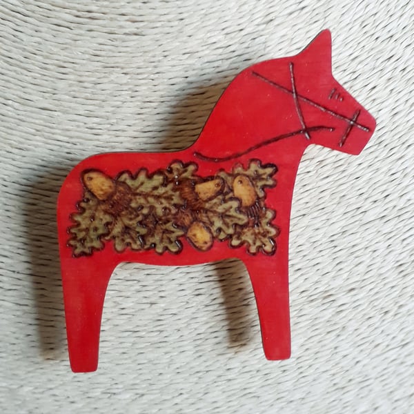 Pyrography oak leaf & acorn Dala horse brooch