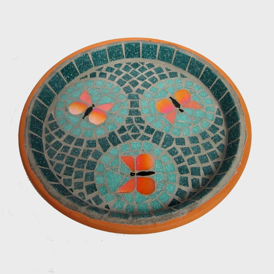 Mosaic Bird Bath Jade Orange Butterflies
