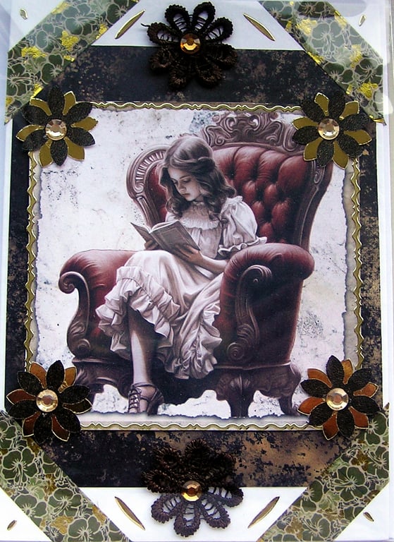 Young Girl Reading - Hand Crafted Decoupage Greeting Card - Blank 3081