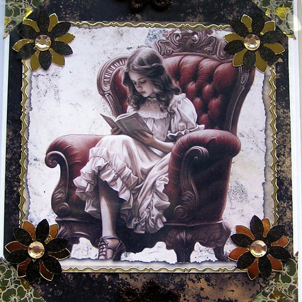 Young Girl Reading - Hand Crafted Decoupage Greeting Card - Blank 3081