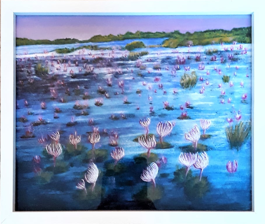 Original Lake Painting, Waterlily Pond, Ready Framed, Acrylics on Canvas Board