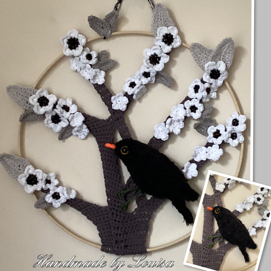 Blackbird in blossom tree hoop