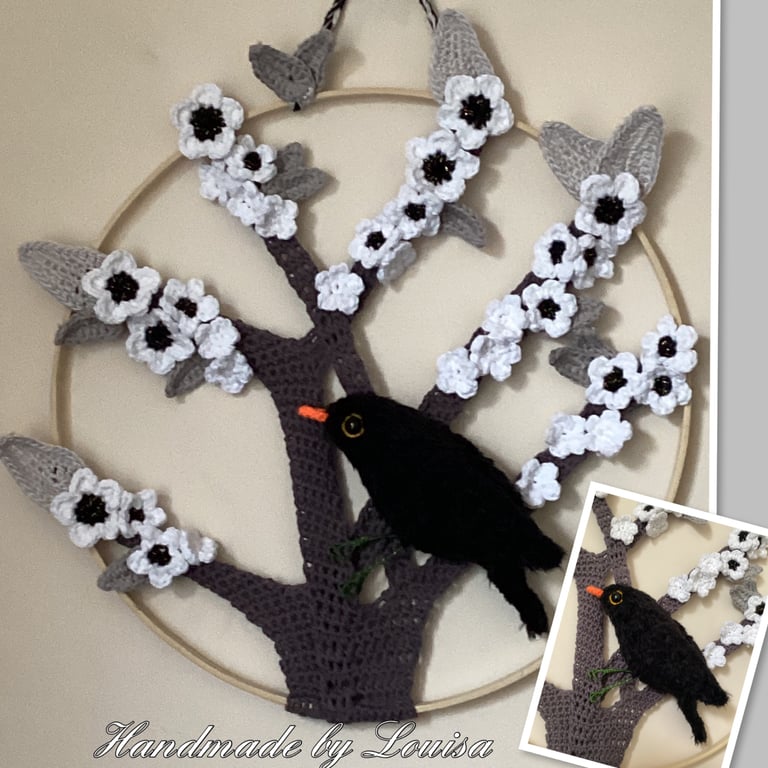 Blackbird in blossom tree hoop