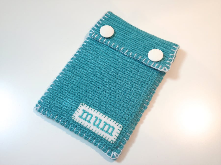 Mini iPad, Kindle Fire or HD case - Aqua green & white crochet sleeve with flap