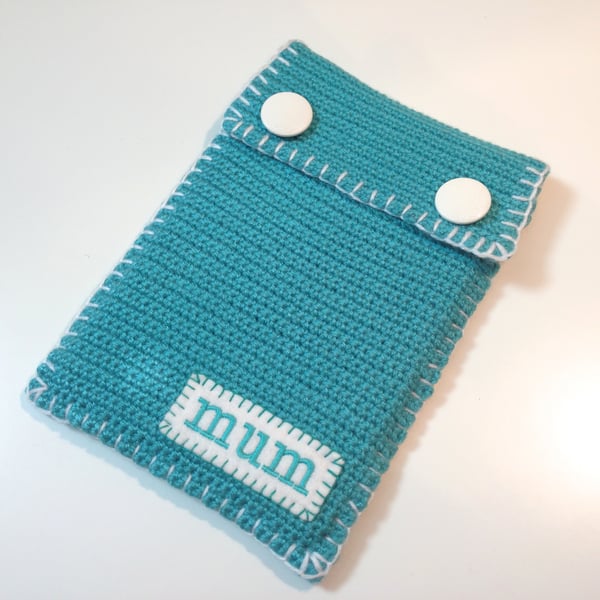 Mini iPad, Kindle Fire or HD case - Aqua green & white crochet sleeve with flap