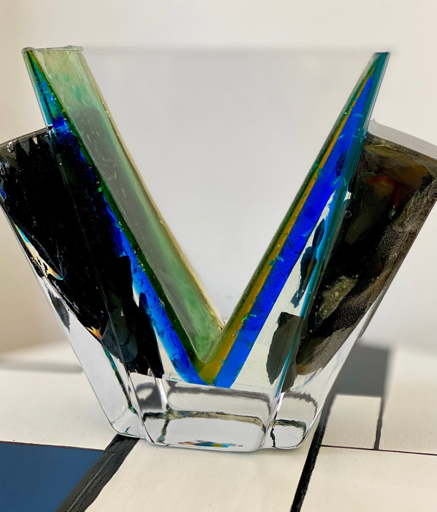 Art Deco Welsh Sea Slate and Handmade glass and resin Vase functional sculpture 