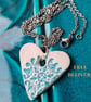 Clay heart necklace pendant blue embossed