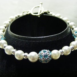 Shell Pearl and Turquoise Rhinestone Bracelet