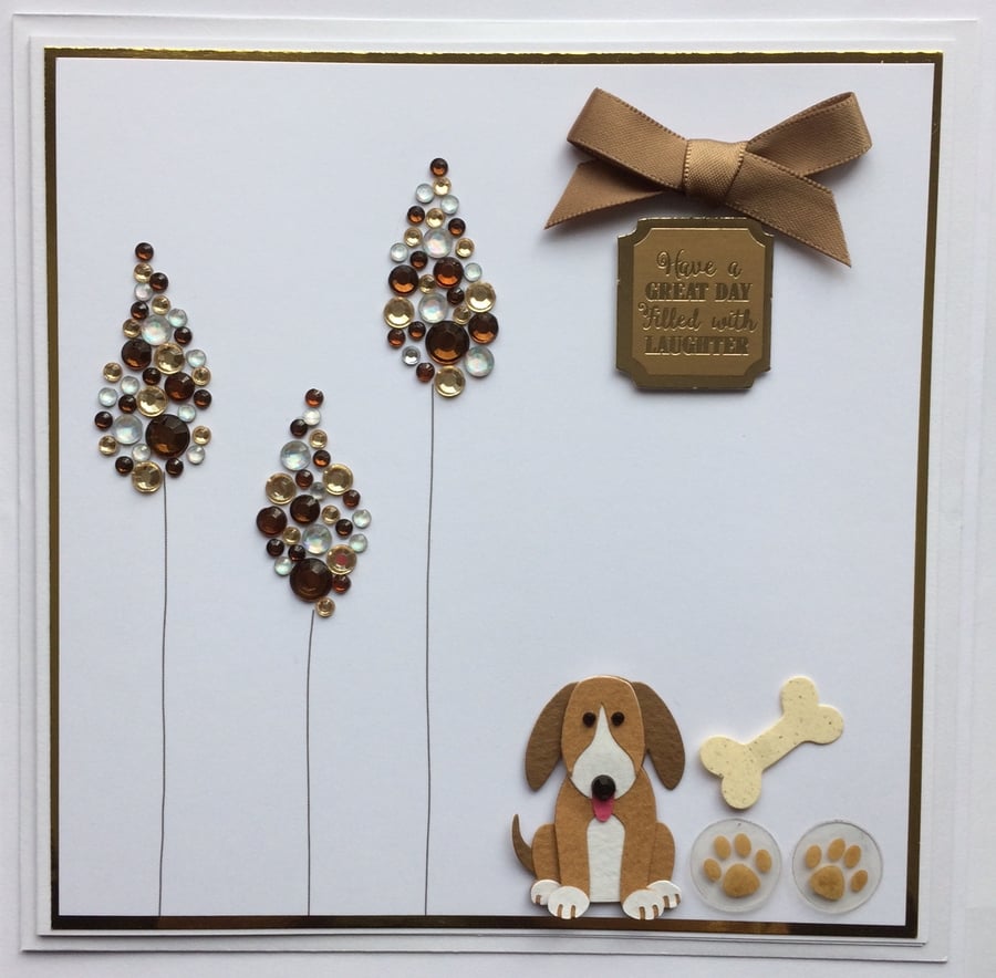3D Luxury Handmade Card Cute Puppy Dog Bone Paw Prints and Gem Trees
